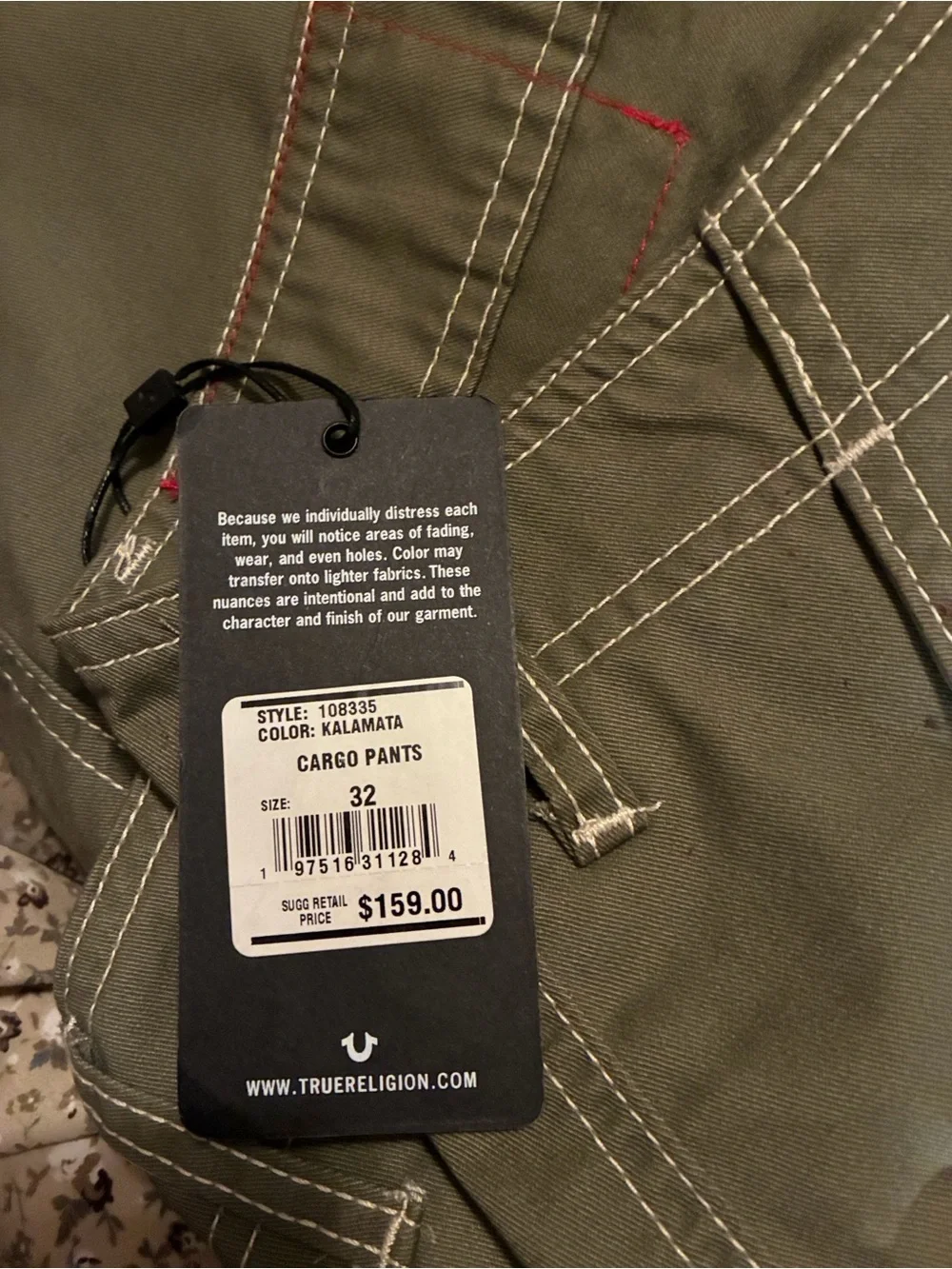 True Religion Men's Olive Cargo Jeans with Contrast Stitching